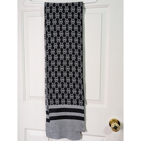 Michael Kors Womens Knit Scarf Gray Black Metallic Reversible Monogram Logo - Picture 1 of 6